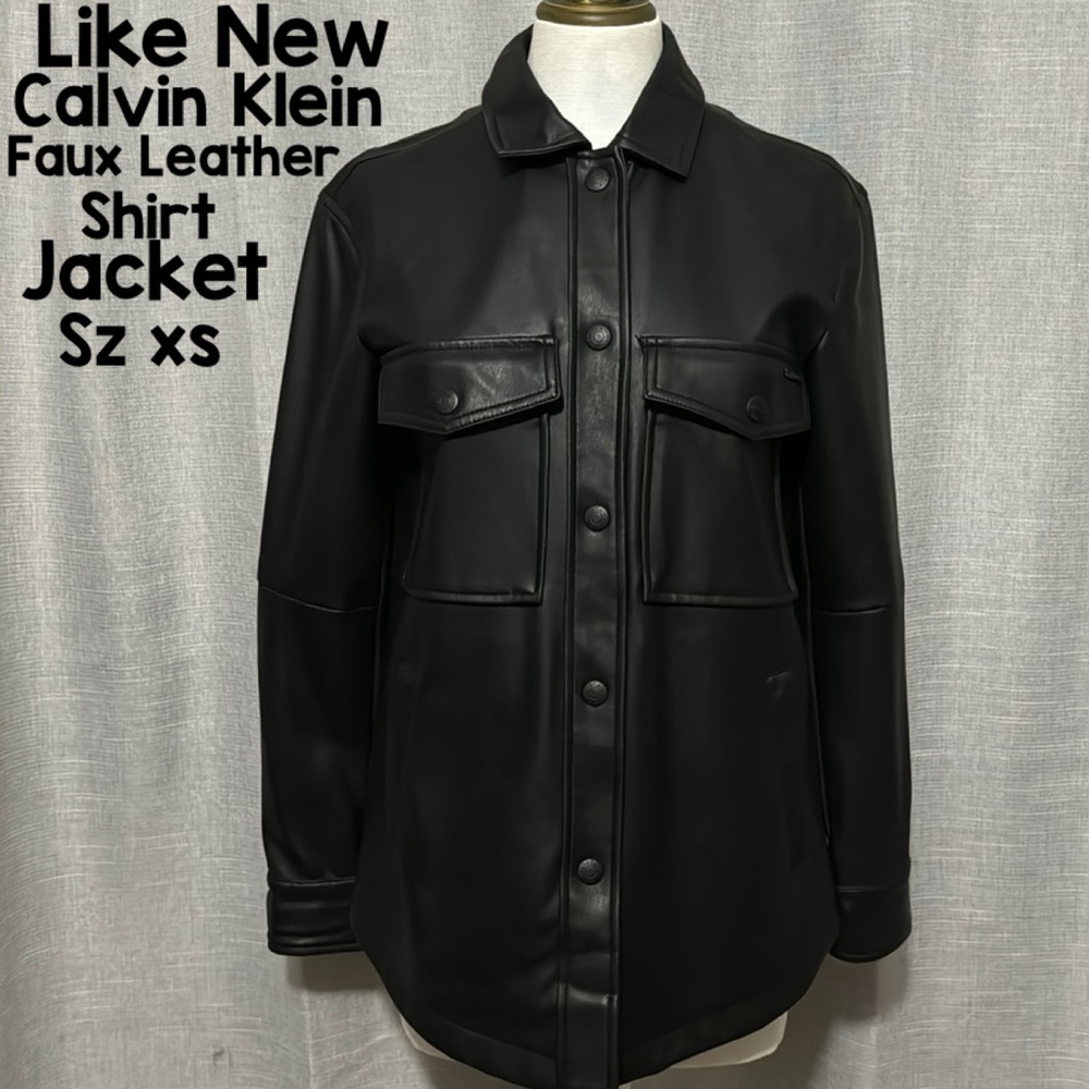 Like New Calvin Klein Faux Leather Shirt Jacket-XS-Black-Snap Up Front-Pockets